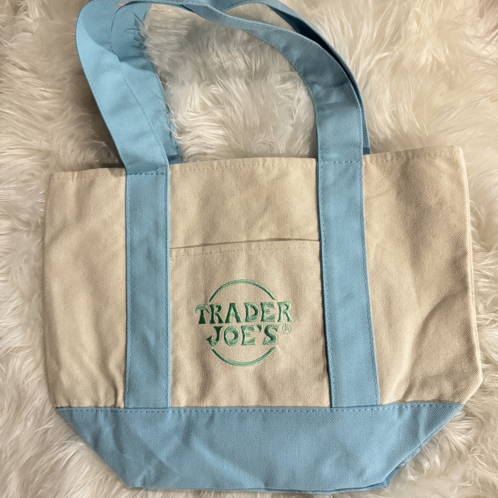 Trader Joes Mini Blue and Cream Tote Bag
